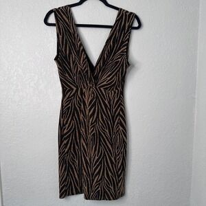 Koko‎ + Mason Los Angeles Womens Gold Metallic Zebra Print V-Neck Sheath Dress M